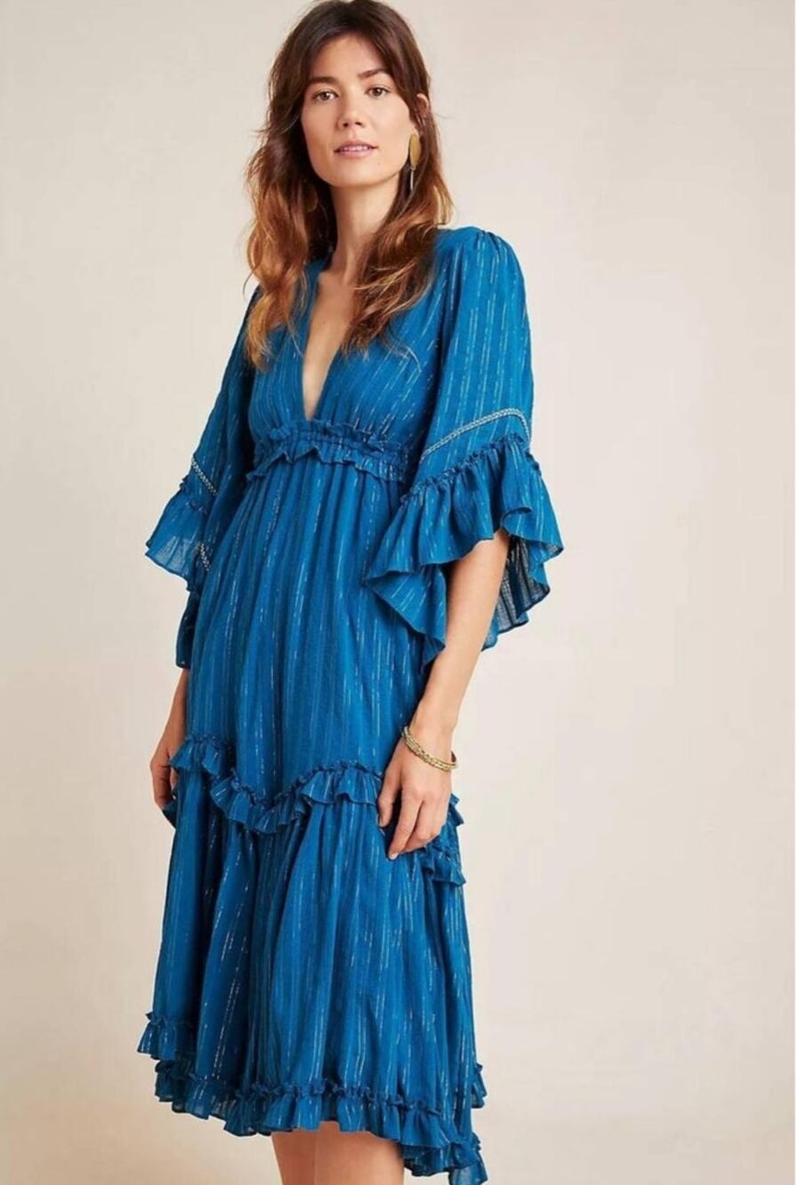 Misa X Anthropologie Dress Small Blue Tiered Striped Ruffles Boho Flutter Sleeve
